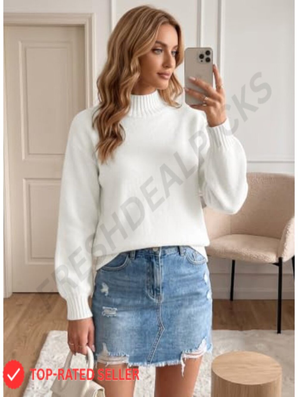 Womens Mock Neck Knit Sweater Long Sleeve Pullover Loose Fit - Picture 5 of 6